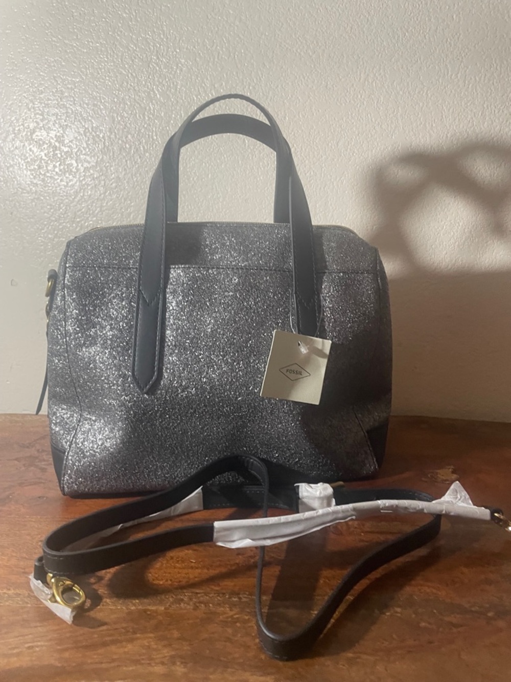 Fossil Sydney Gunmetal Glitter Satchel Crossbody NWT - Picture 9 of 14